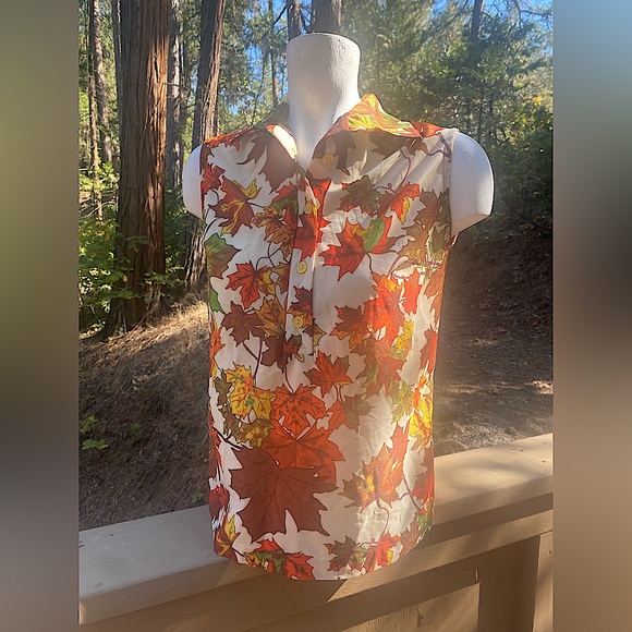 Vintage David Smith Sleeveless Collar Fall Leaves Shirt 💛🍁Medium Sz - Picture 2 of 6